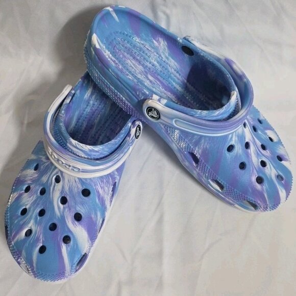 Crocs Classic Blue White Tye Dye Mens Size 9 Womens 11 Unisex EUC 206867 Marbled - Picture 1 of 13